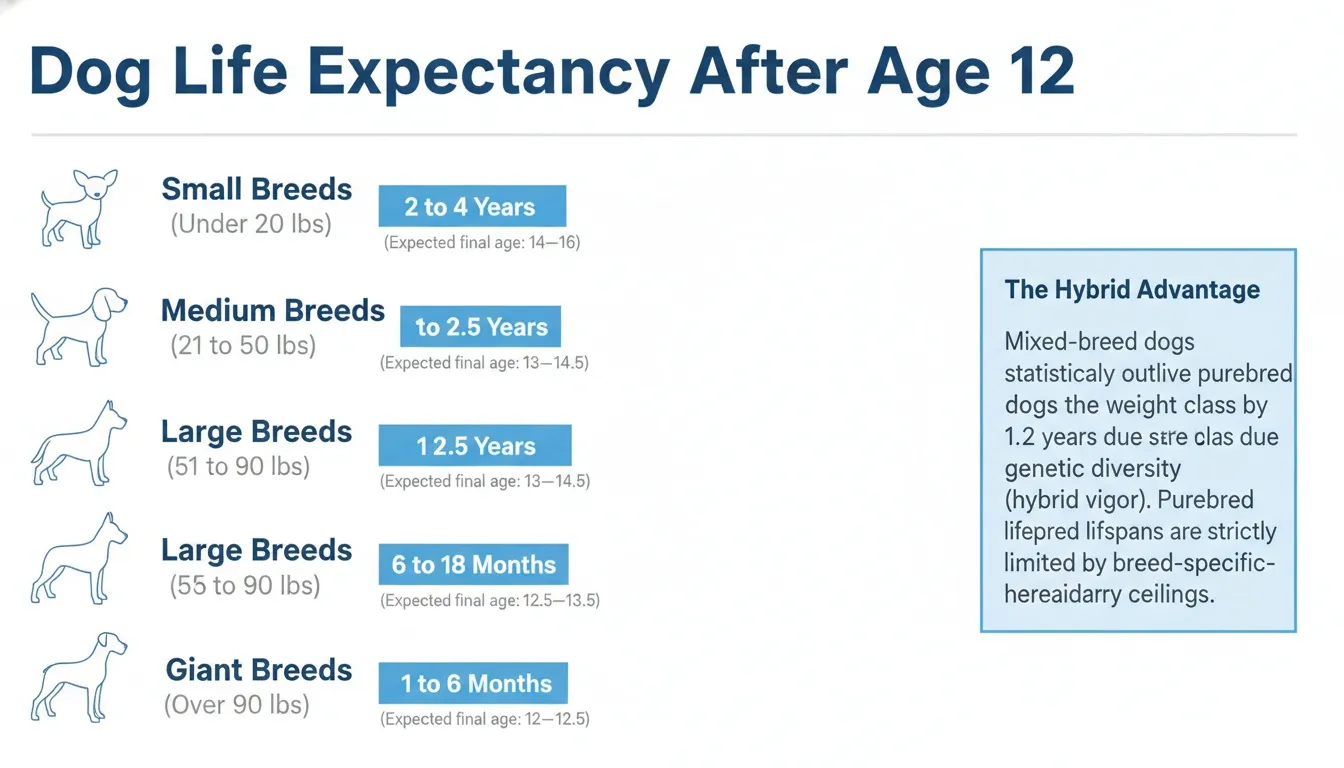 An infographic detailing dog life expectancy after age 12 across various breed sizes and weight classes.