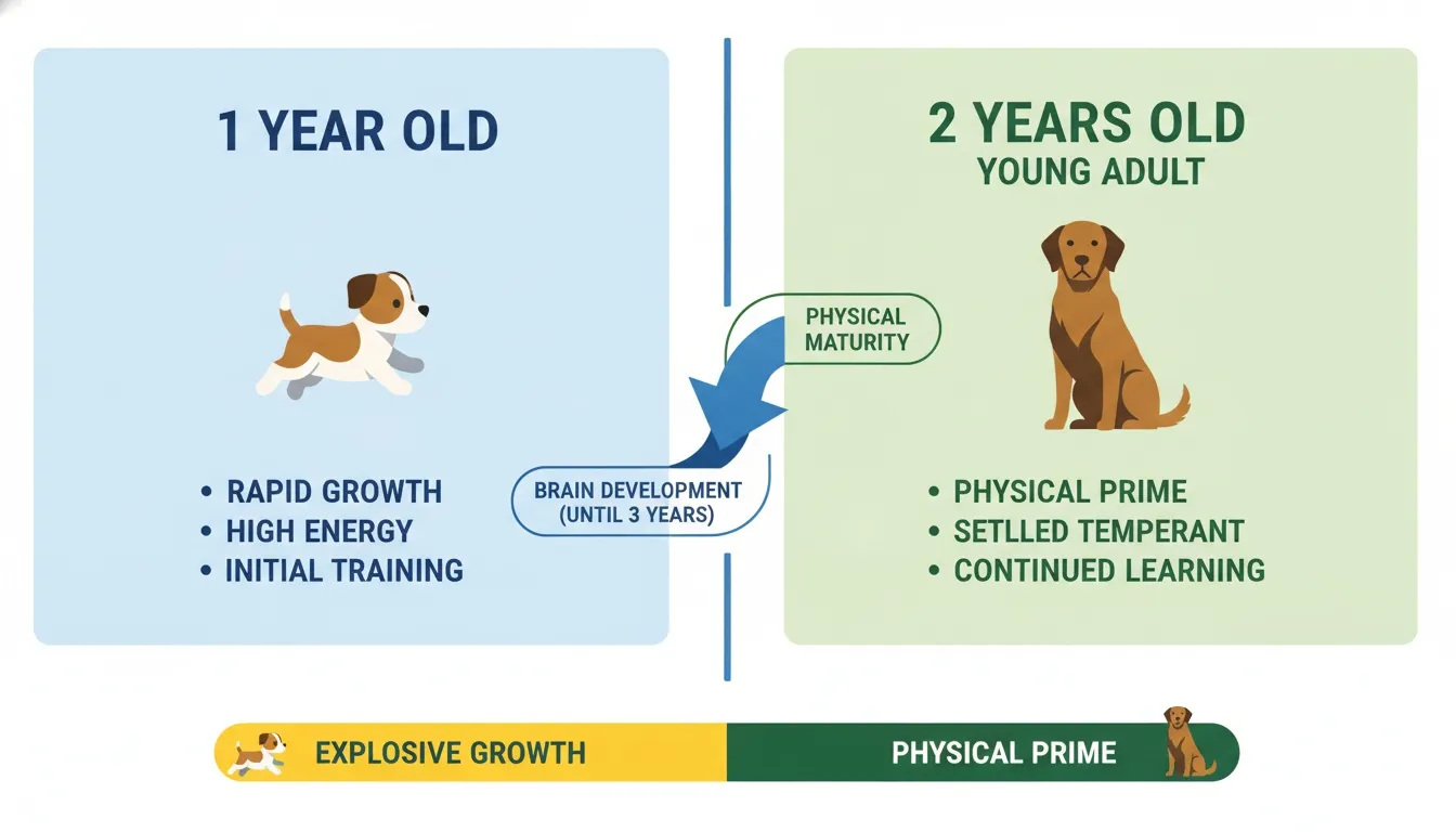 Infographic comparing developmental milestones between a 1-year-old puppy and a 2-year-old young adult dog.