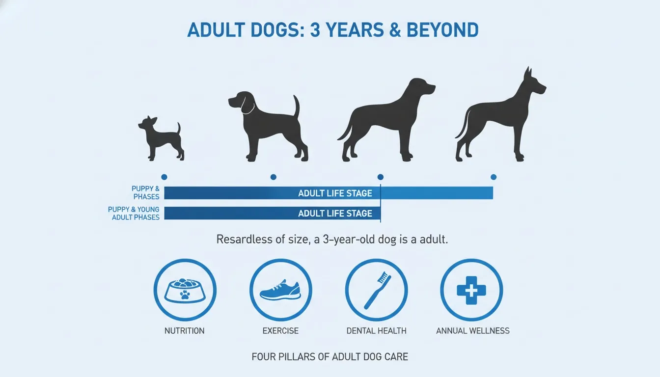 Infographic showing four dog silhouettes and the four pillars of adult dog care.