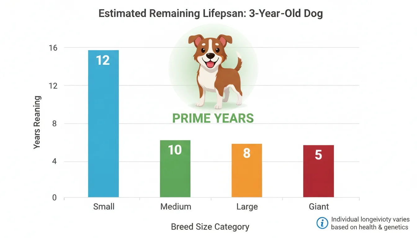 A bar chart showing remaining lifespan for a 3-year-old dog across different breed sizes.