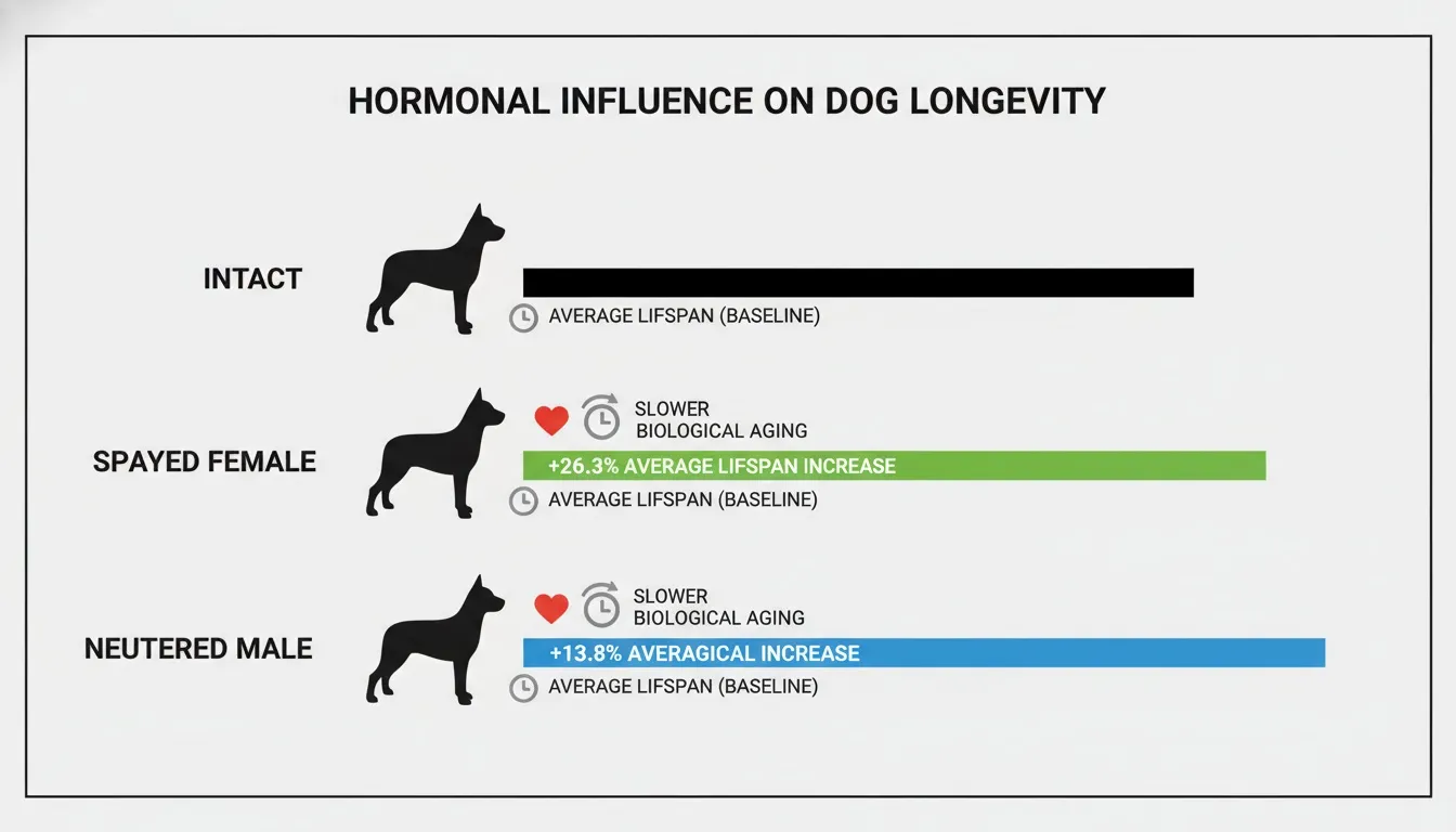 An infographic showing the lifespan increase in spayed female and neutered male dogs compared to intact dogs.