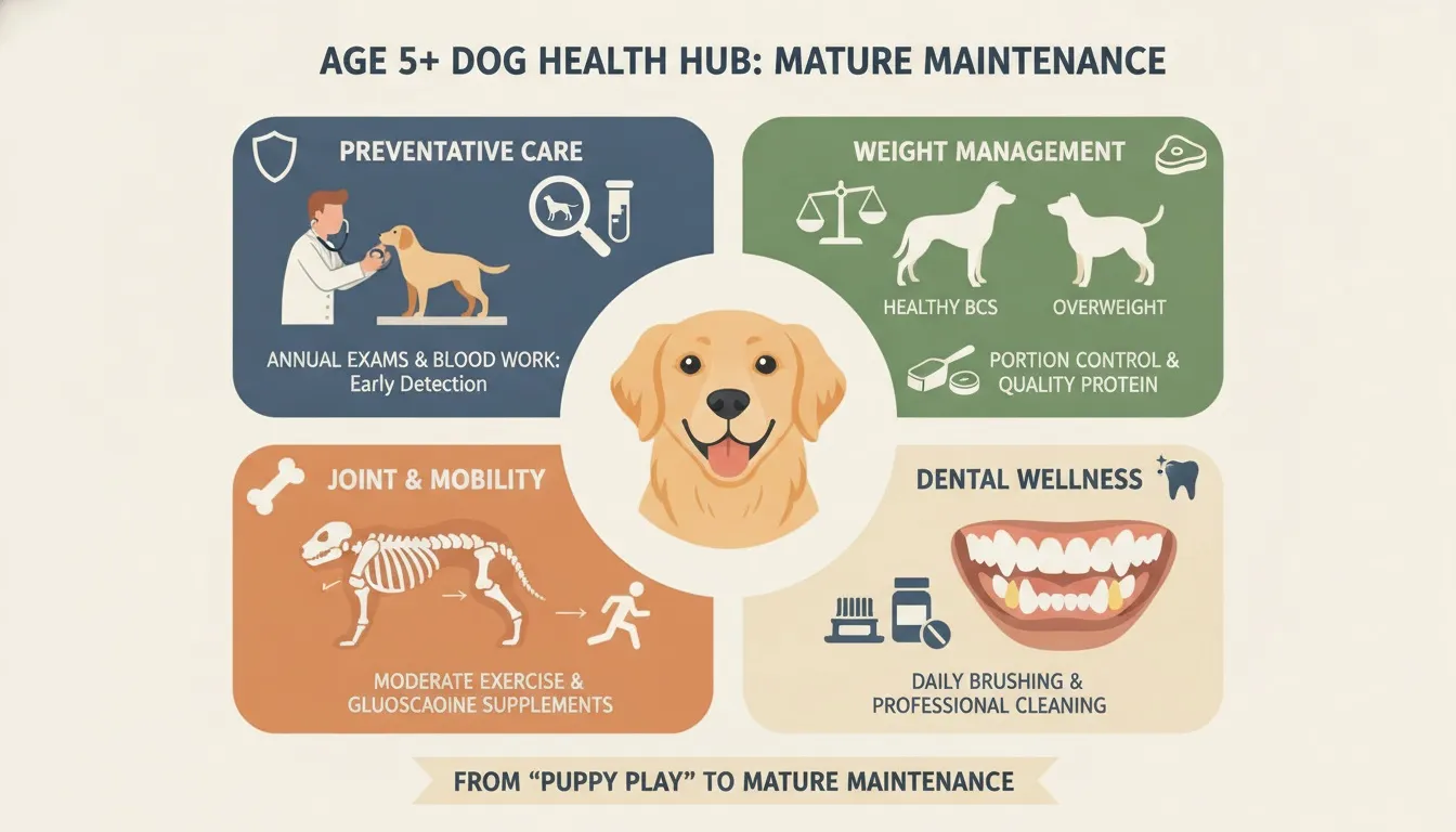 A dog health infographic displaying mature maintenance tips for preventative care, weight management, joint mobility, and dental wellness.