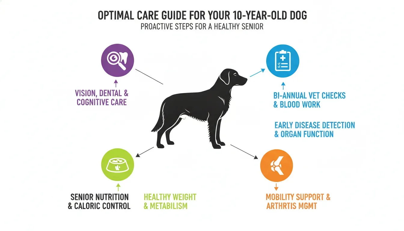 Infographic displaying optimal care guide tips for a 10-year-old senior dog focusing on nutrition, mobility, and vet checks.