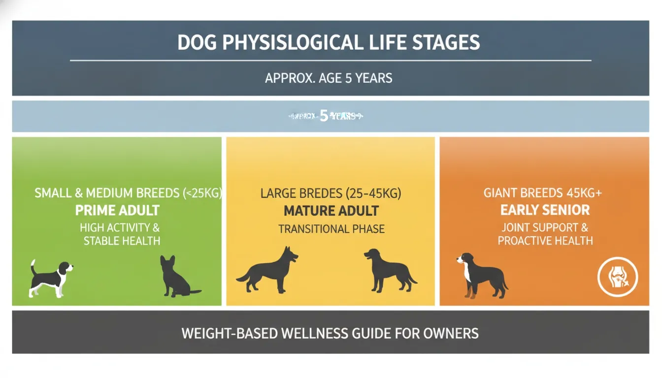An infographic showing dog physiological life stages at approximately age five years categorized by weight.