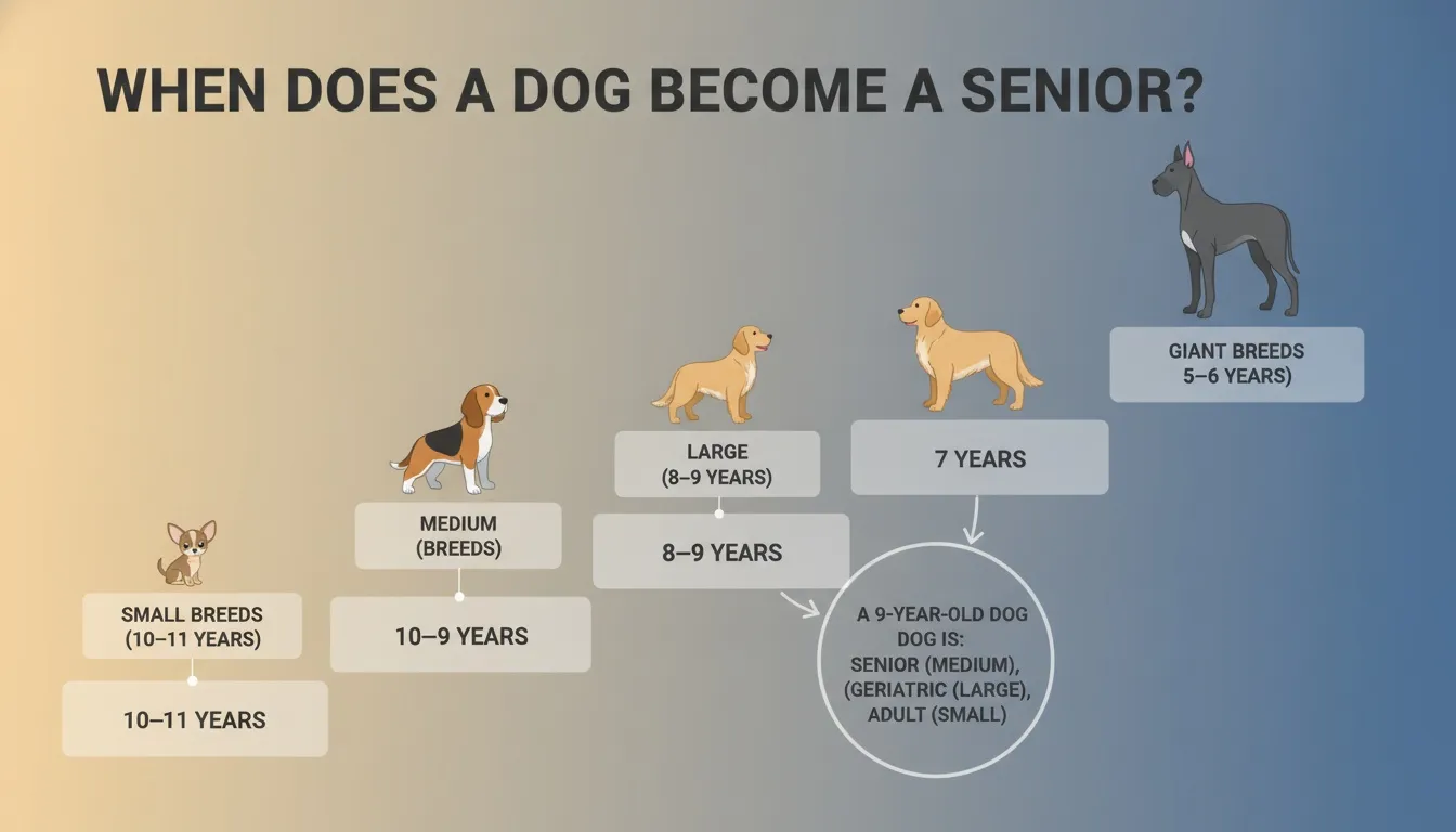 Infographic chart showing senior age milestones for small, medium, large, and giant dog breeds by dogagescalculator.