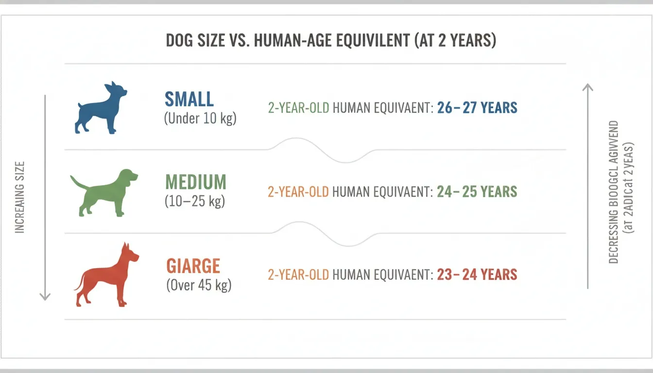 An infographic comparing small, medium, and giant dog sizes to their human age equivalents at two years.