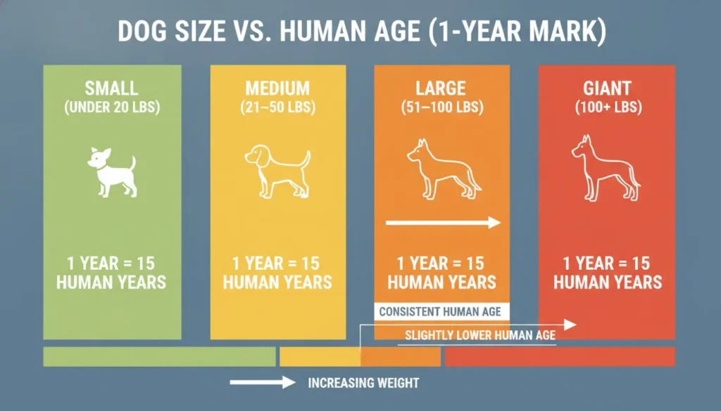 Infographic chart comparing dog size classes from small to giant and their equivalent human age at one year.