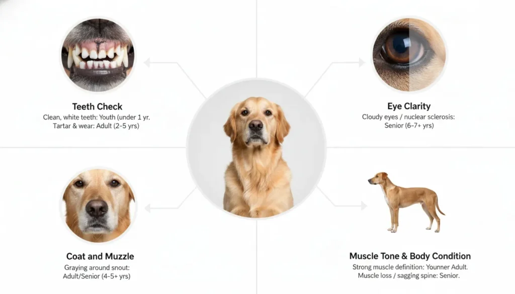 An infographic showing dog age conversion to human years for small, medium, large, and giant breeds.