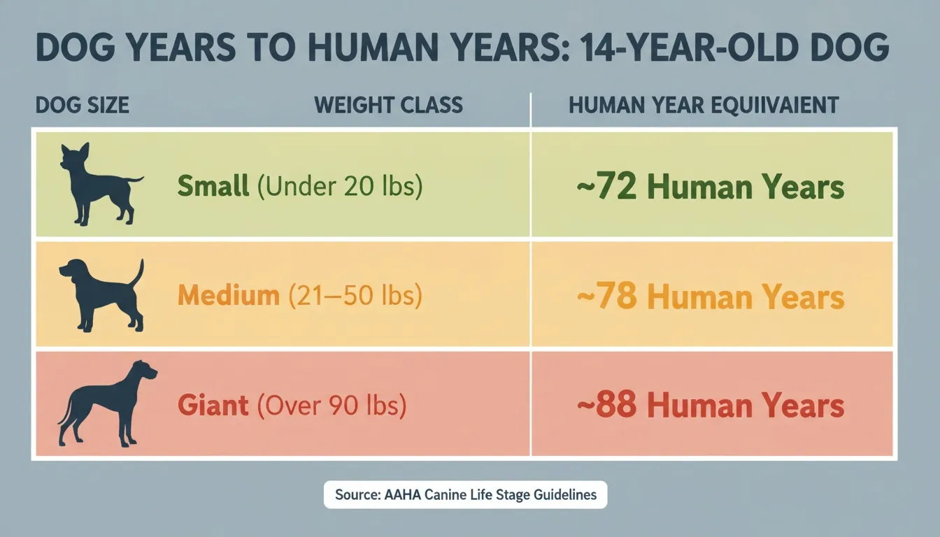 Infographic chart showing dog years to human years conversion for a fourteen year old dog by size.
