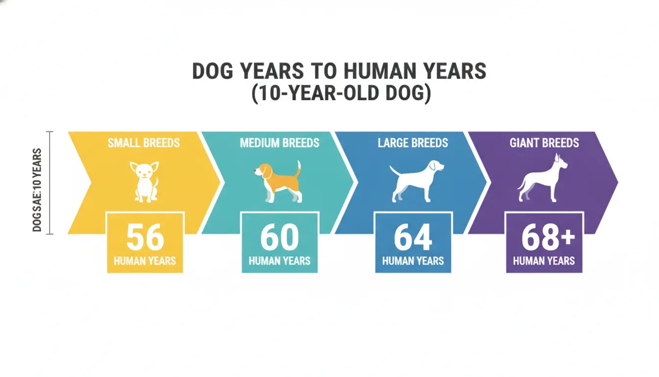 An infographic showing dog years converted to human years for 10-year-old small, medium, large, and giant breeds.