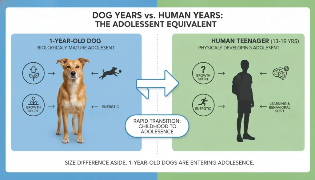 Infographic comparing a one year old dog to a human teenager showing adolescent development stages.