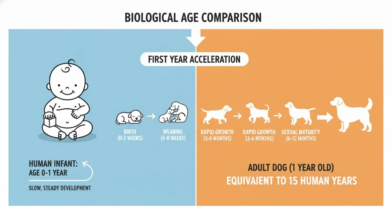 Infographic comparing a human infant's slow development with a dog's rapid growth from puppy to fifteen-year human equivalent.
