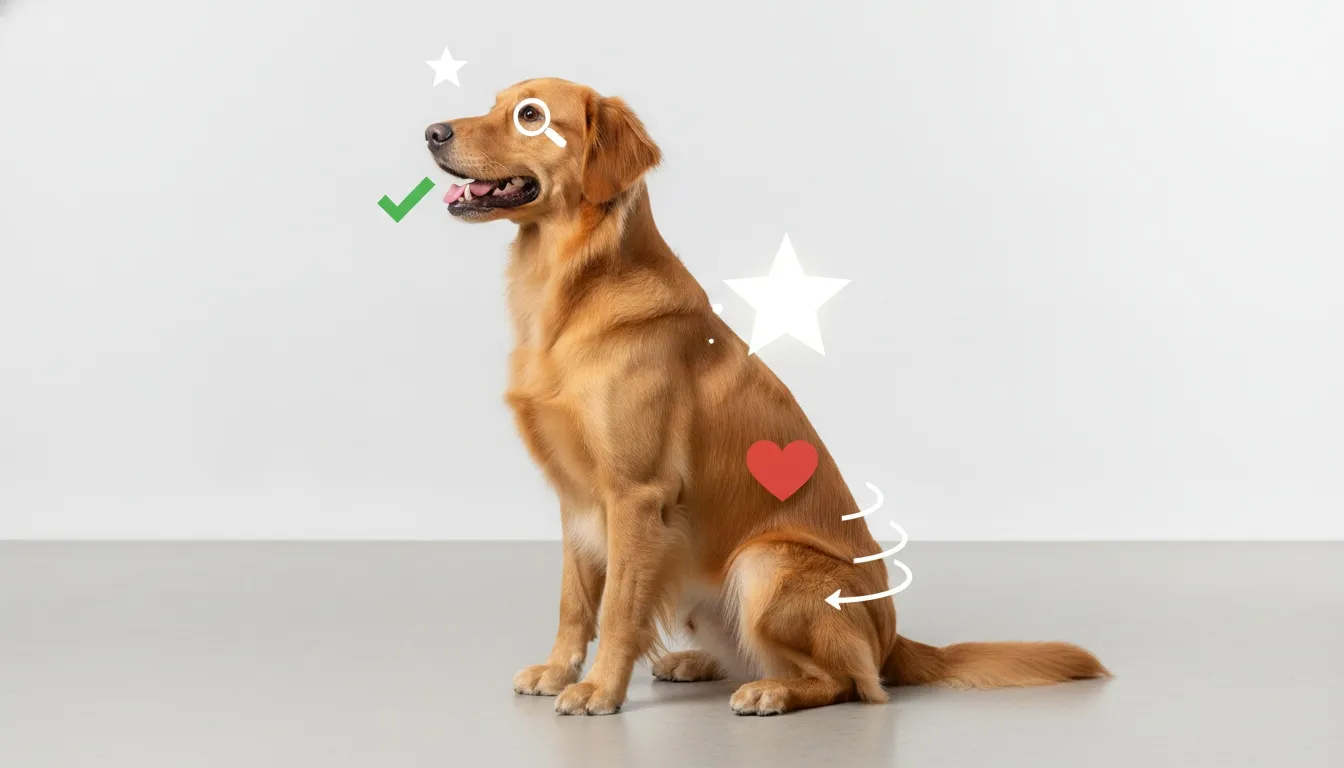 A golden retriever sitting sideways with illustrated icons highlighting health markers on its eyes, mouth, heart, and joints.