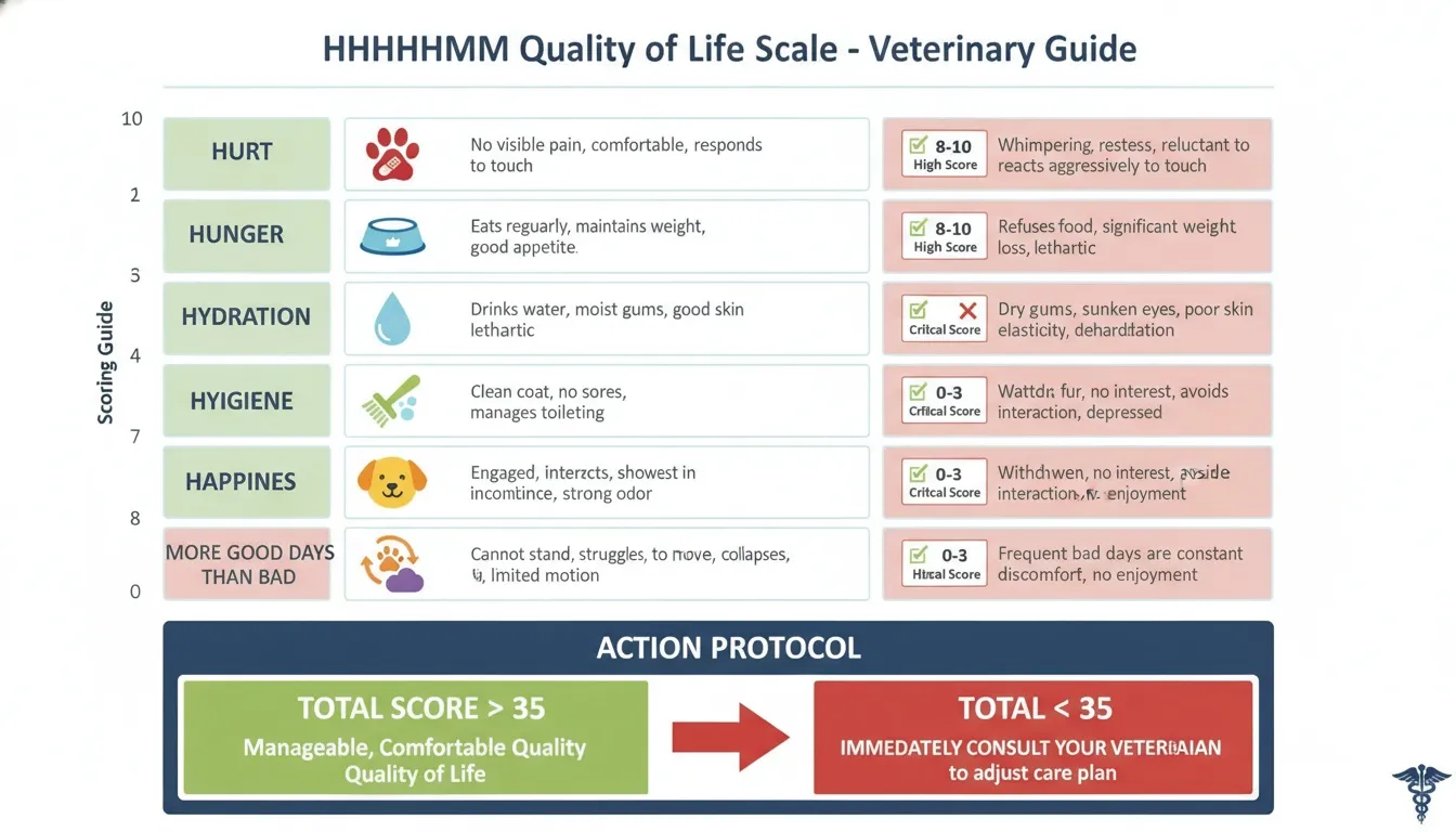 Veterinary guide infographic detailing the HHHHHMM Quality of Life Scale for dog health assessments.