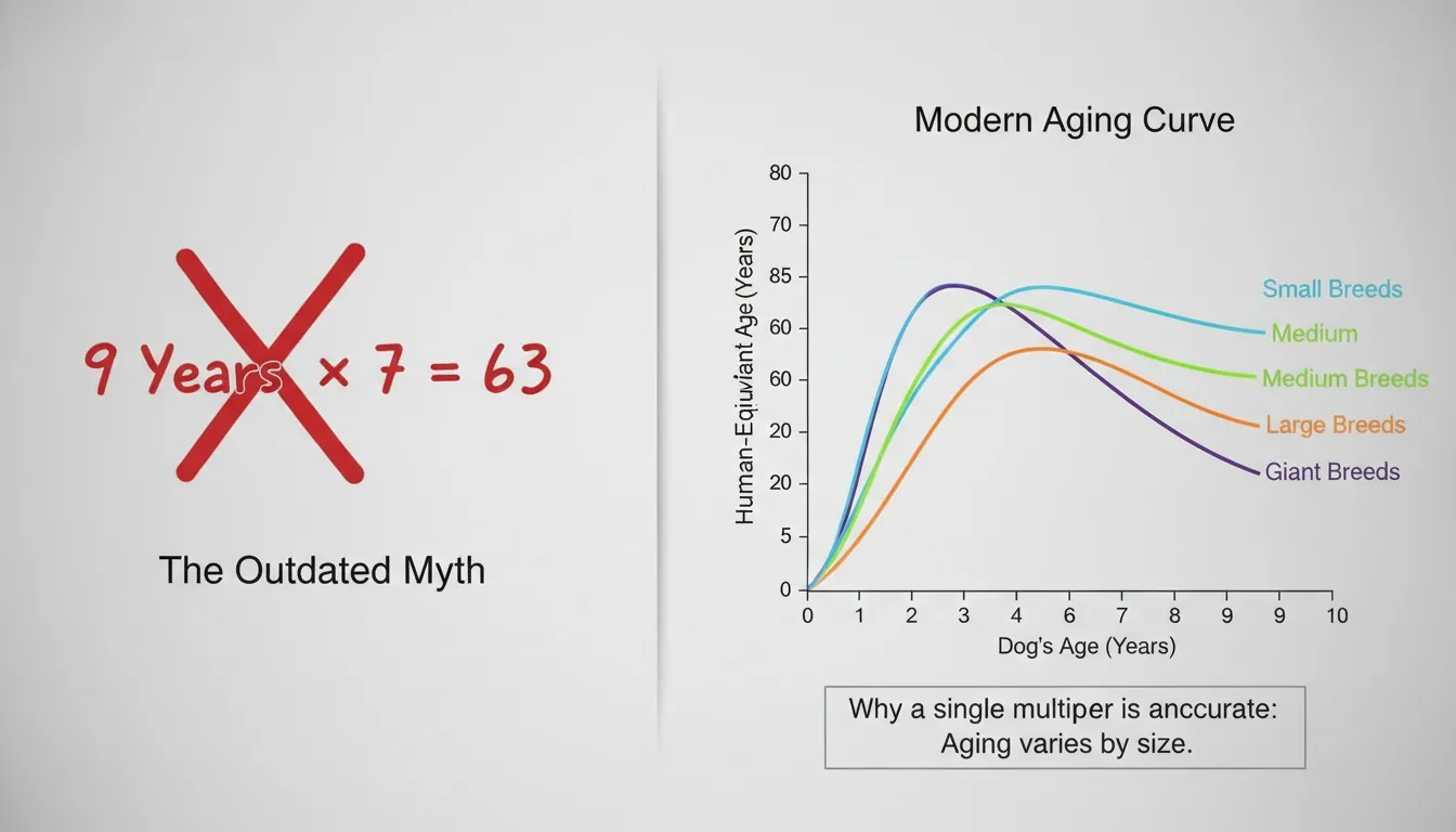 An infographic contrasting the 7-year dog age multiplier myth with a modern, breed-size-specific aging curve graph.