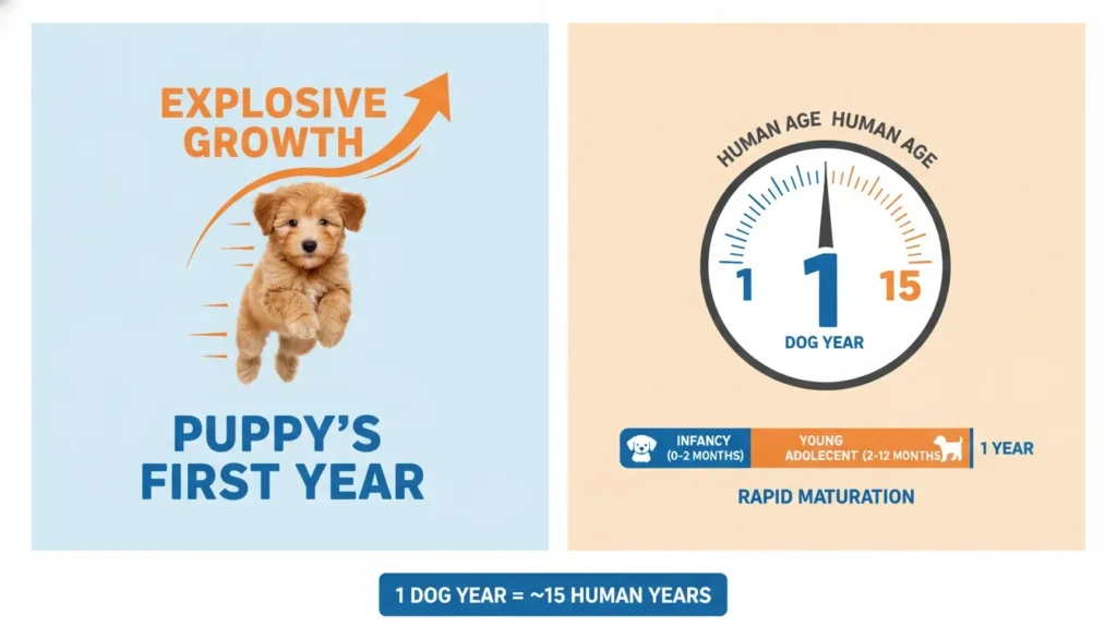 Infographic showing a puppy's explosive growth in its first year, equating one dog year to fifteen human years.