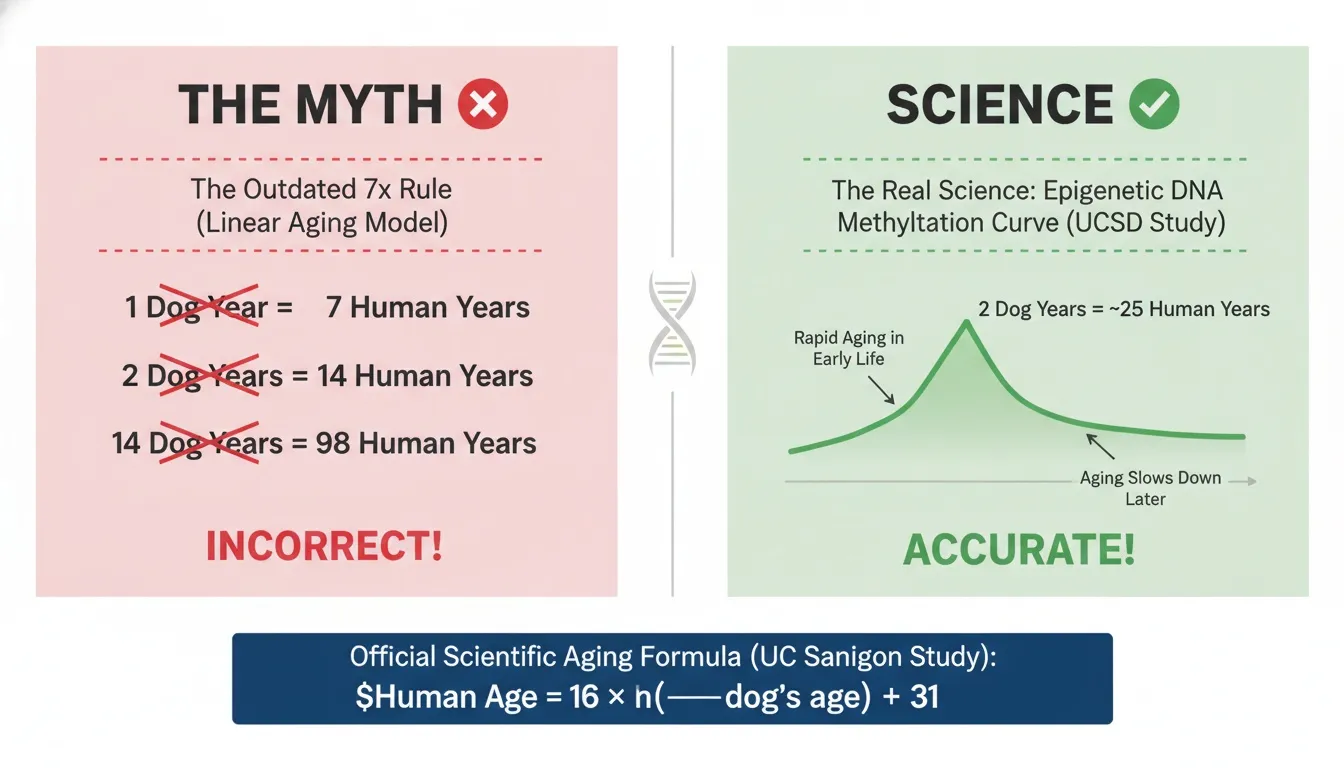 A comparison infographic debunking the 7x dog years myth with the scientific epigenetic DNA methylation curve.