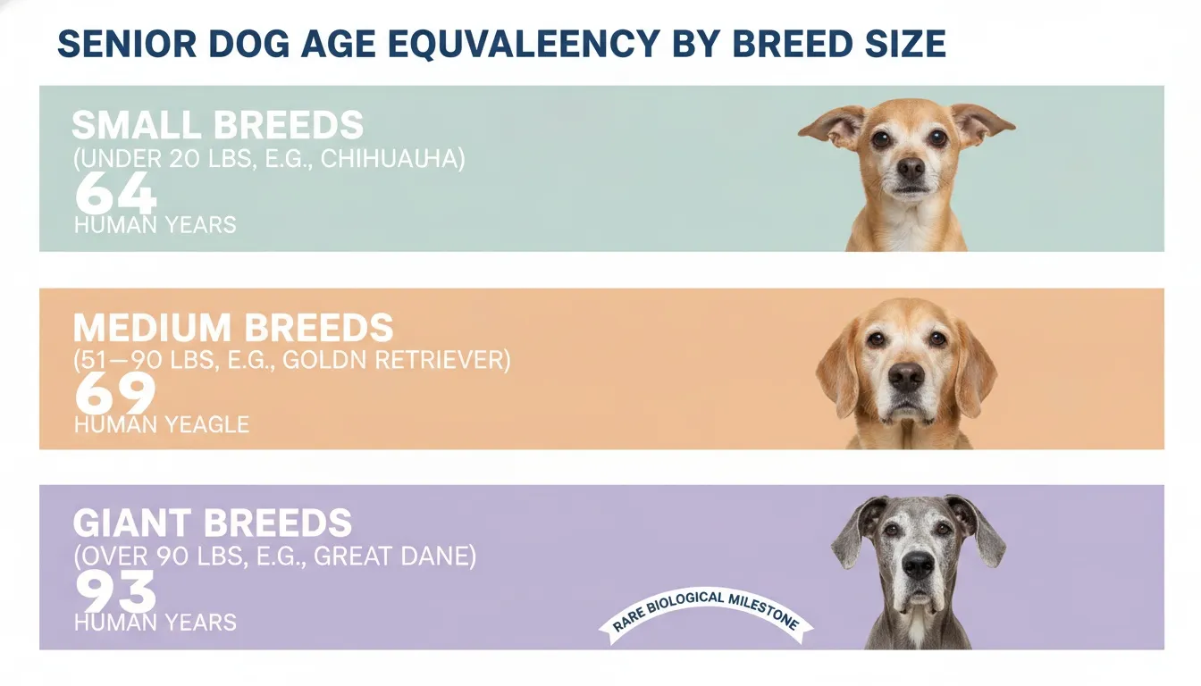 An infographic comparing senior dog age equivalency in human years for small, medium, and giant dog breeds.