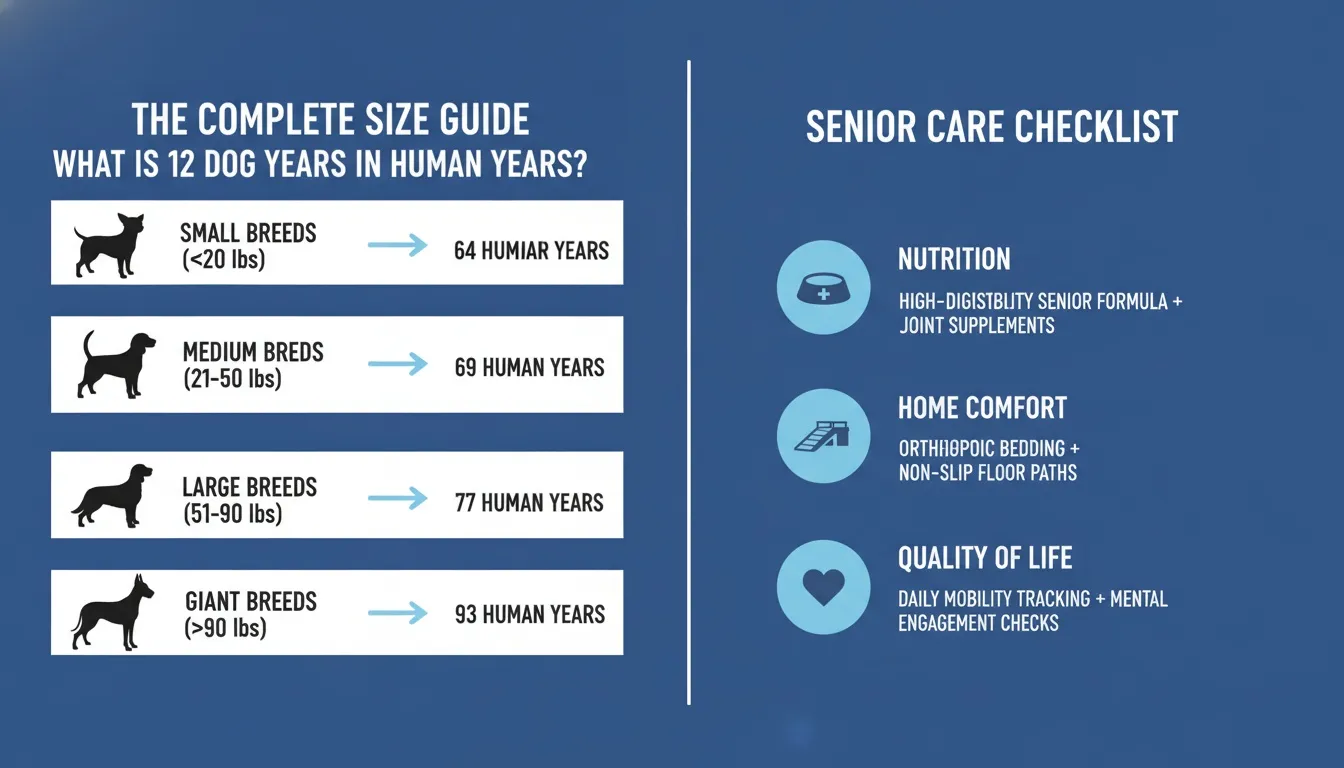 Infographic showing the conversion of 12 dog years to human years by breed size alongside a senior care checklist.