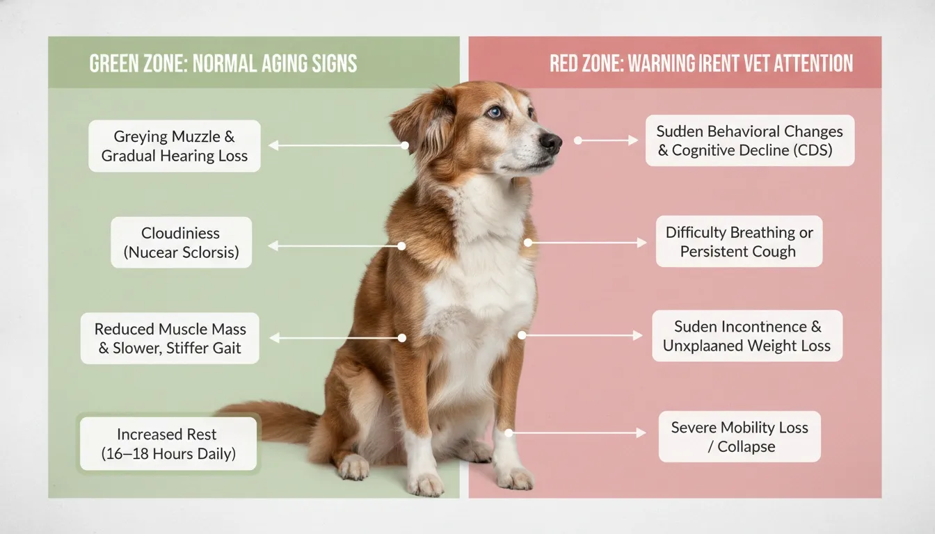 An infographic showing normal canine aging signs versus warning signs requiring urgent veterinary attention next to a brown dog.