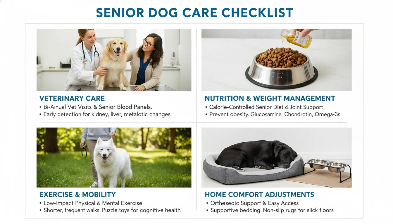 An informative infographic detailing veterinary care, nutrition, exercise, and home comfort adjustments for aging senior dogs.
