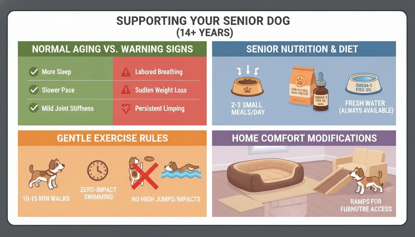 An infographic highlighting normal aging signs versus warning signs, senior dog nutrition, exercise rules, and home comfort modifications.