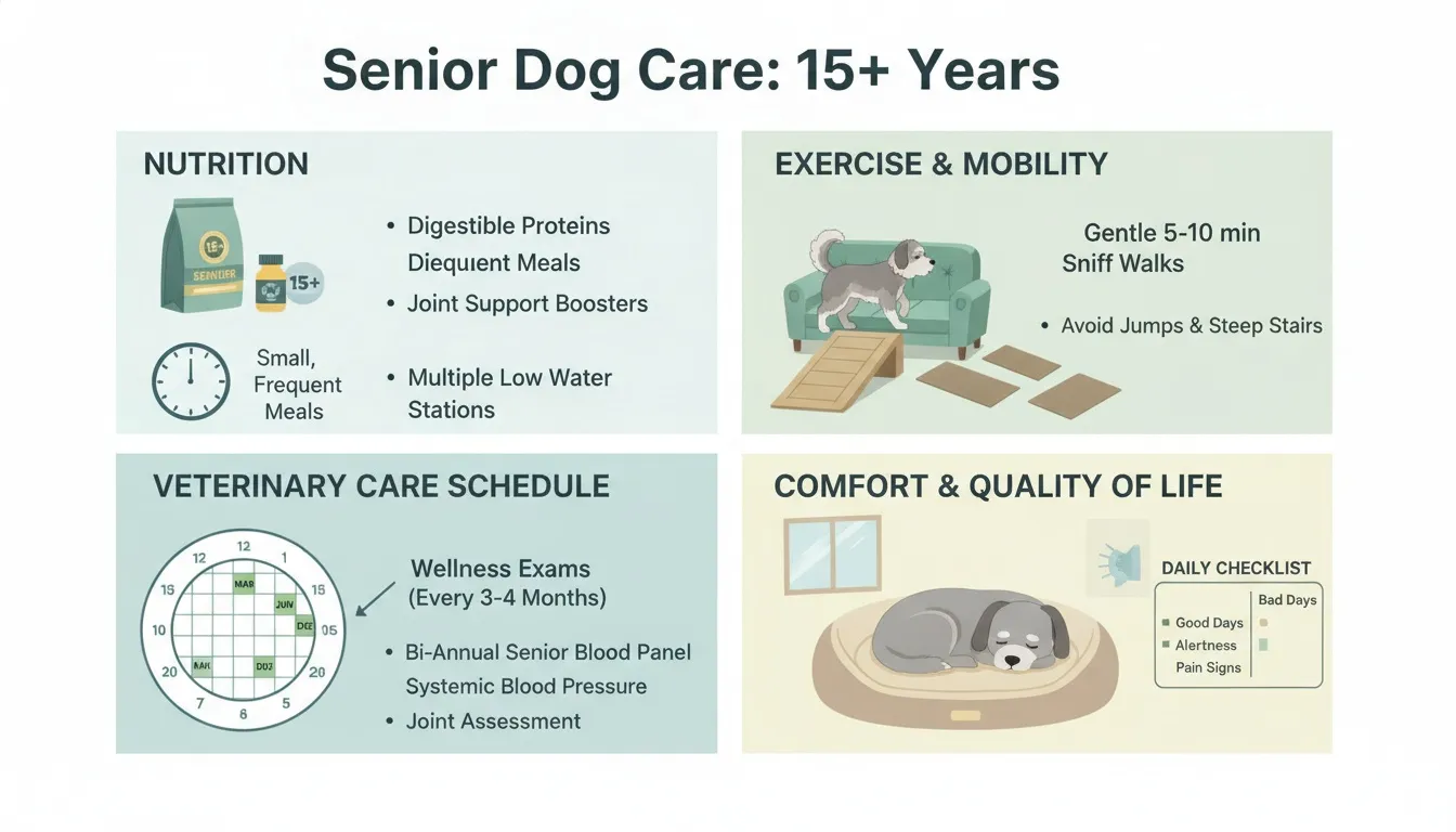 Infographic outlining senior dog care guidelines for dogs over 15 years, covering nutrition, exercise, veterinary care, and comfort.