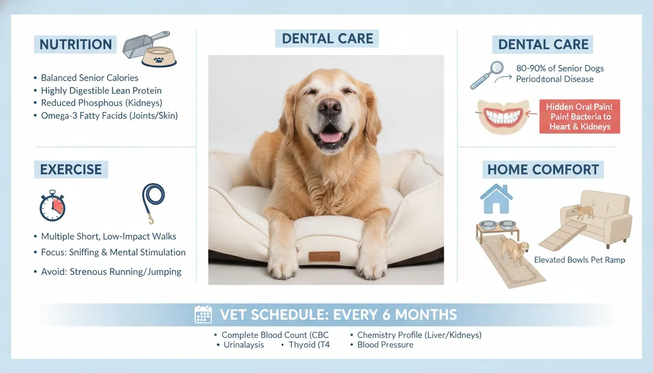 An educational infographic outlining essential senior dog care tips for nutrition, exercise, dental care, and veterinary visits.