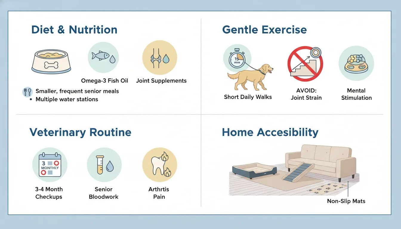 An infographic detailing senior dog care across diet, gentle exercise, veterinary routines, and home accessibility.