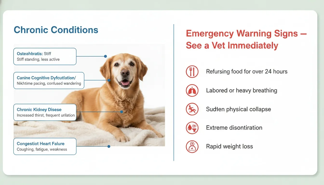 An infographic highlighting senior dog chronic conditions and emergency warning signs with a golden retriever photo.