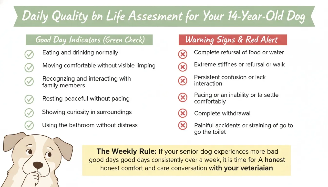 Infographic showing good day indicators and red alert warning signs for a 14-year-old senior dog.