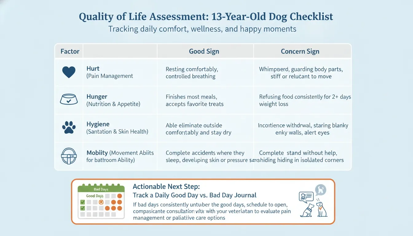 A checklist graphic for assessing a 13-year-old dog's quality of life, tracking comfort, hunger, hygiene, and mobility.