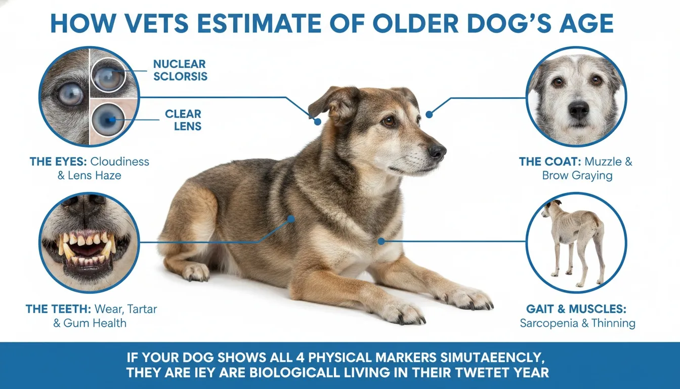 Infographic showing senior dog physical indicators including eye cloudiness, coat graying, dental health, and muscle condition.