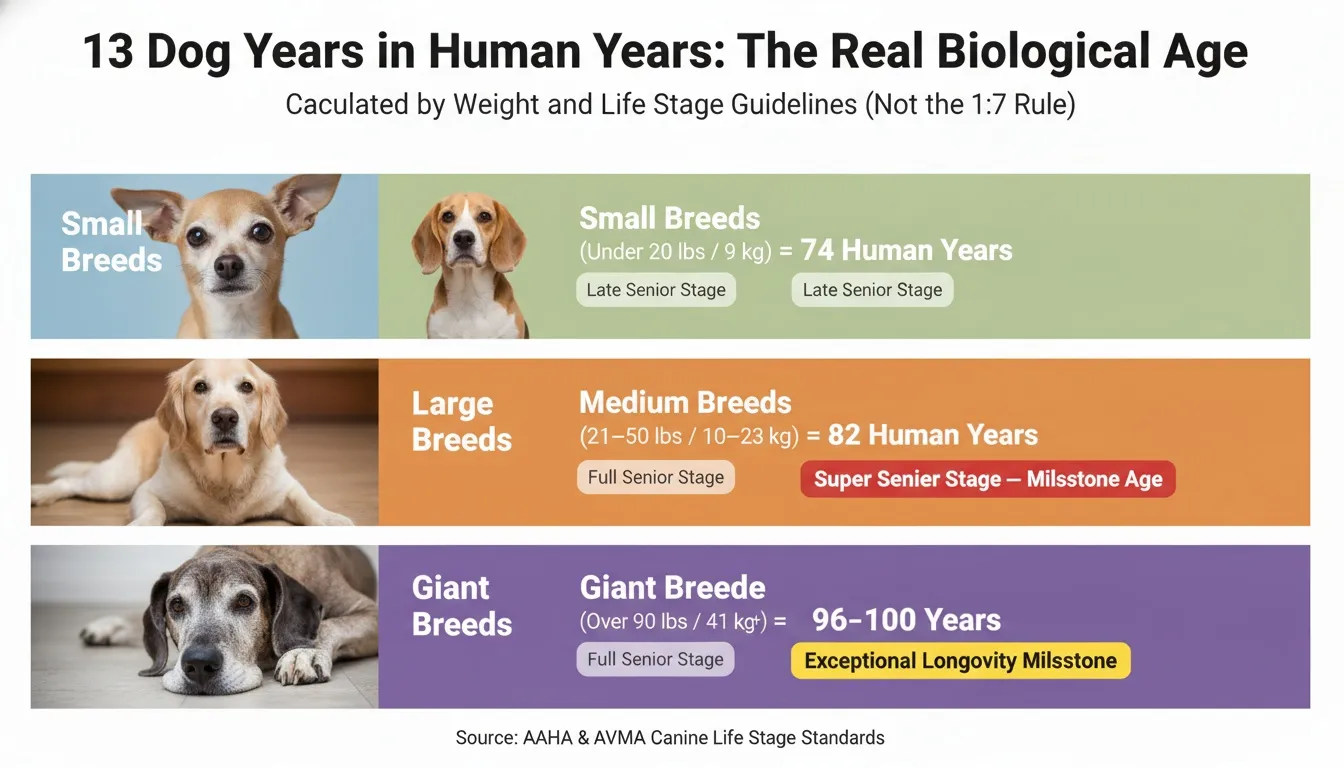 An infographic showing thirteen dog years converted to human years for small, medium, and giant breeds.
