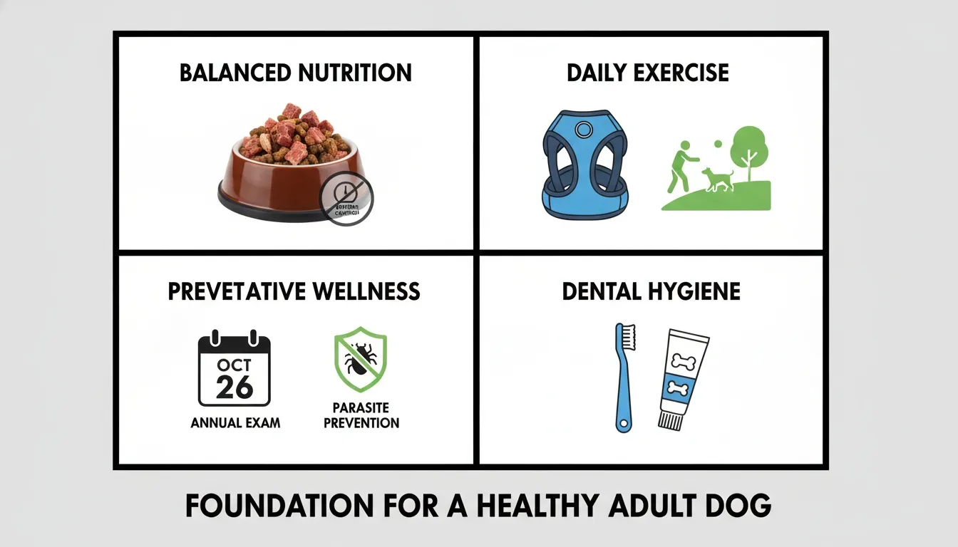 Infographic outlining four pillars of adult dog care: nutrition, exercise, preventative wellness, and dental hygiene.