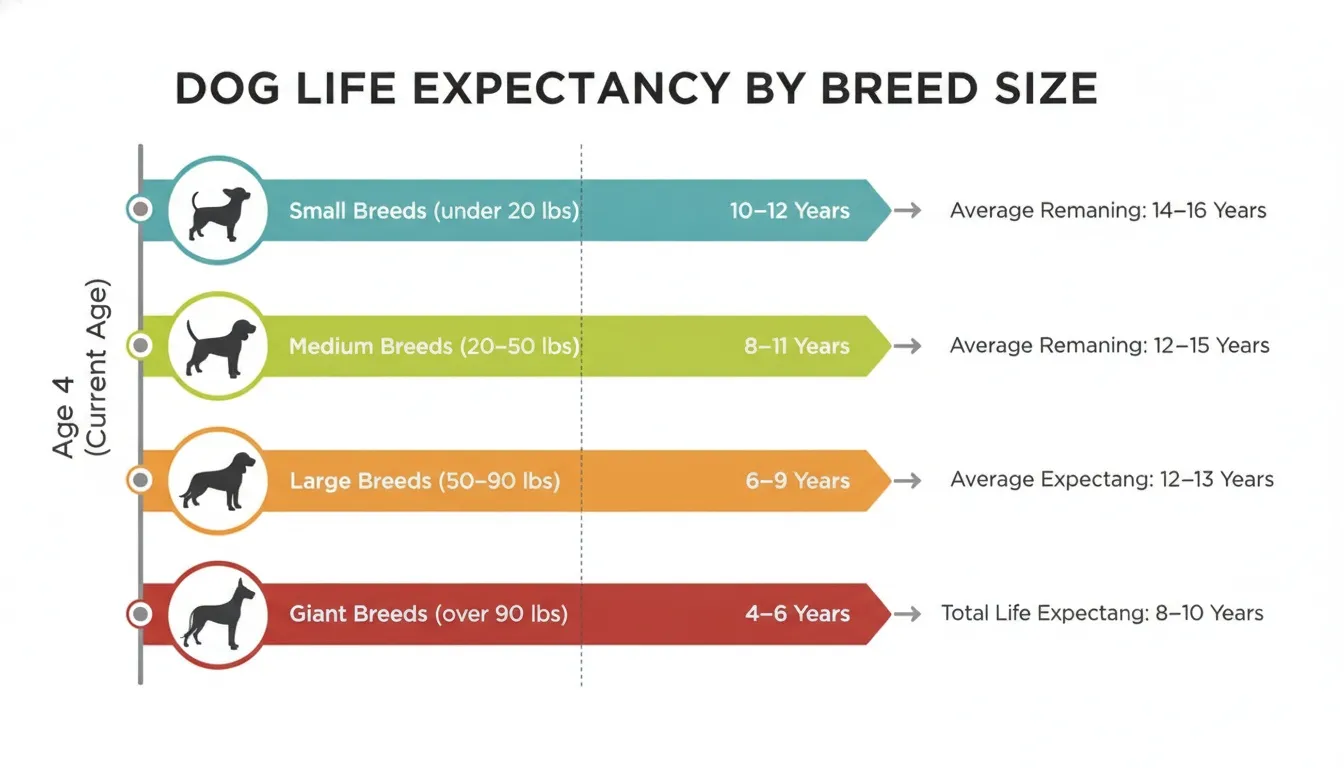 An infographic detailing dog life expectancy by breed size category from age four onwards.