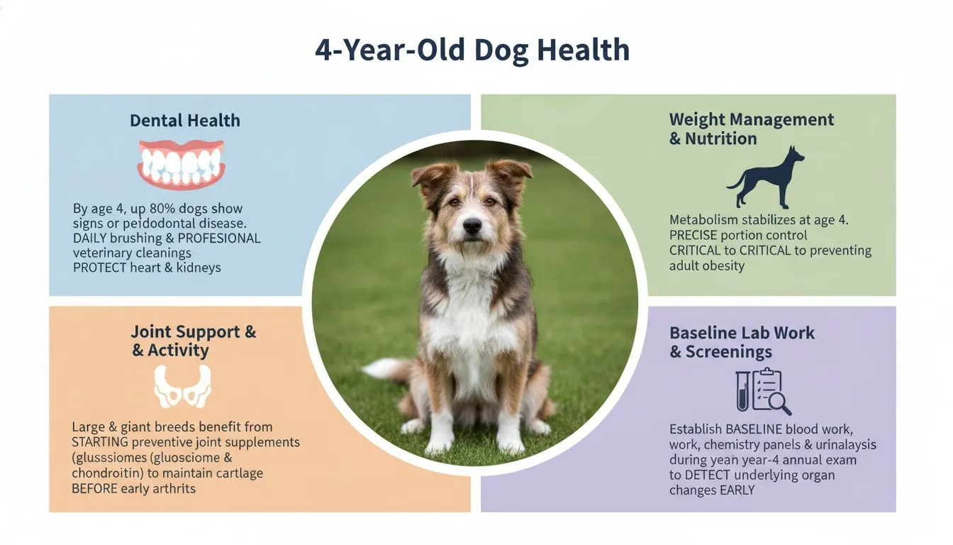 An infographic detailing veterinary care tips for a four-year-old dog, with a central portrait of a terrier mix.