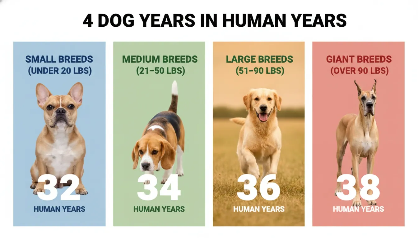Infographic showing dog age in human years across small, medium, large, and giant breeds.