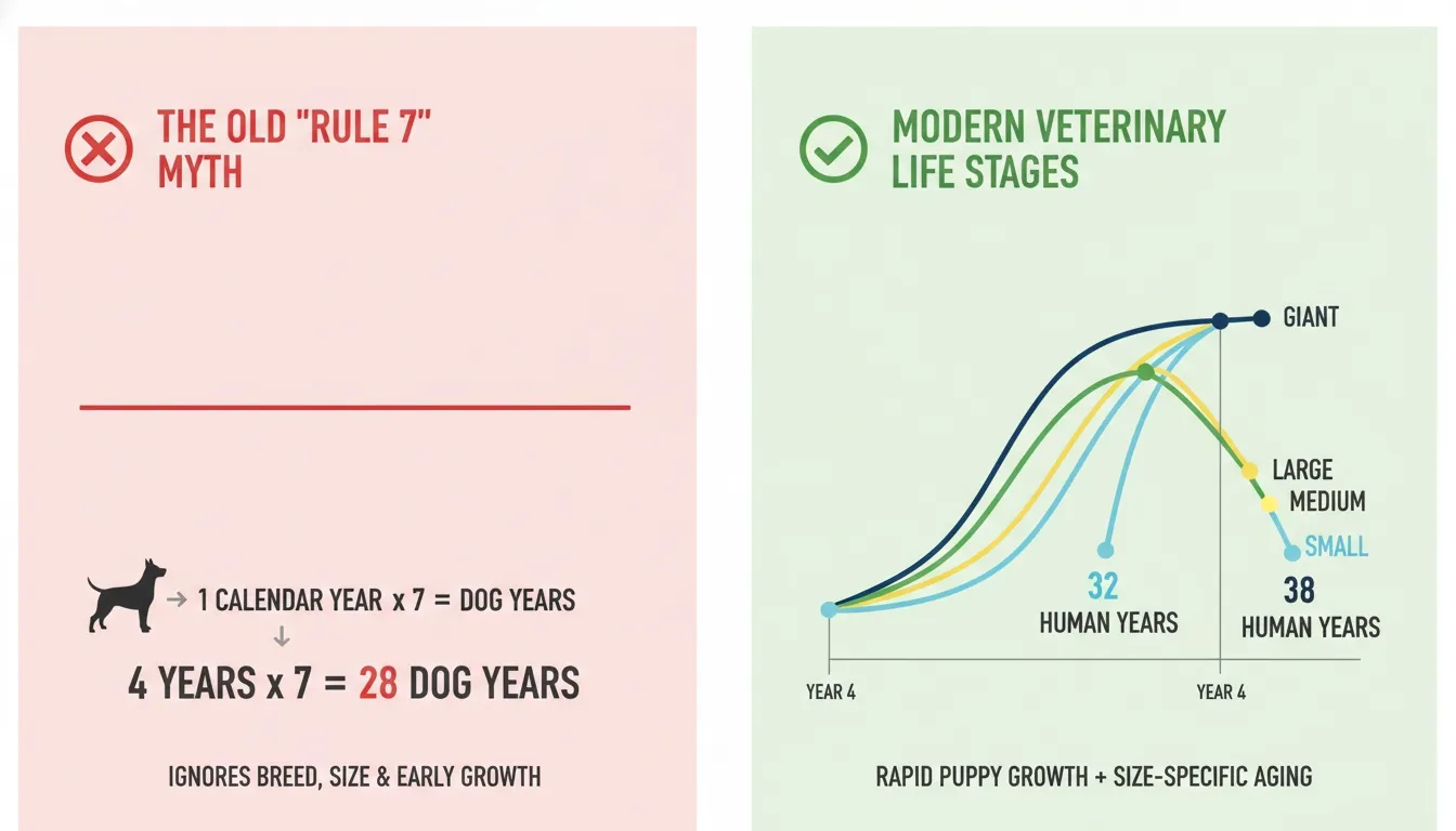 An infographic comparing the traditional seven-year dog age myth with modern, size-specific veterinary life stages.