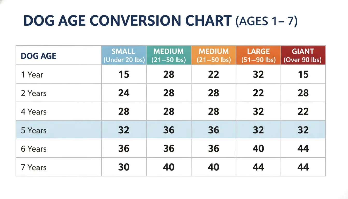 A Dog Age Conversion Chart table showing age comparisons for small, medium, large, and giant dogs.