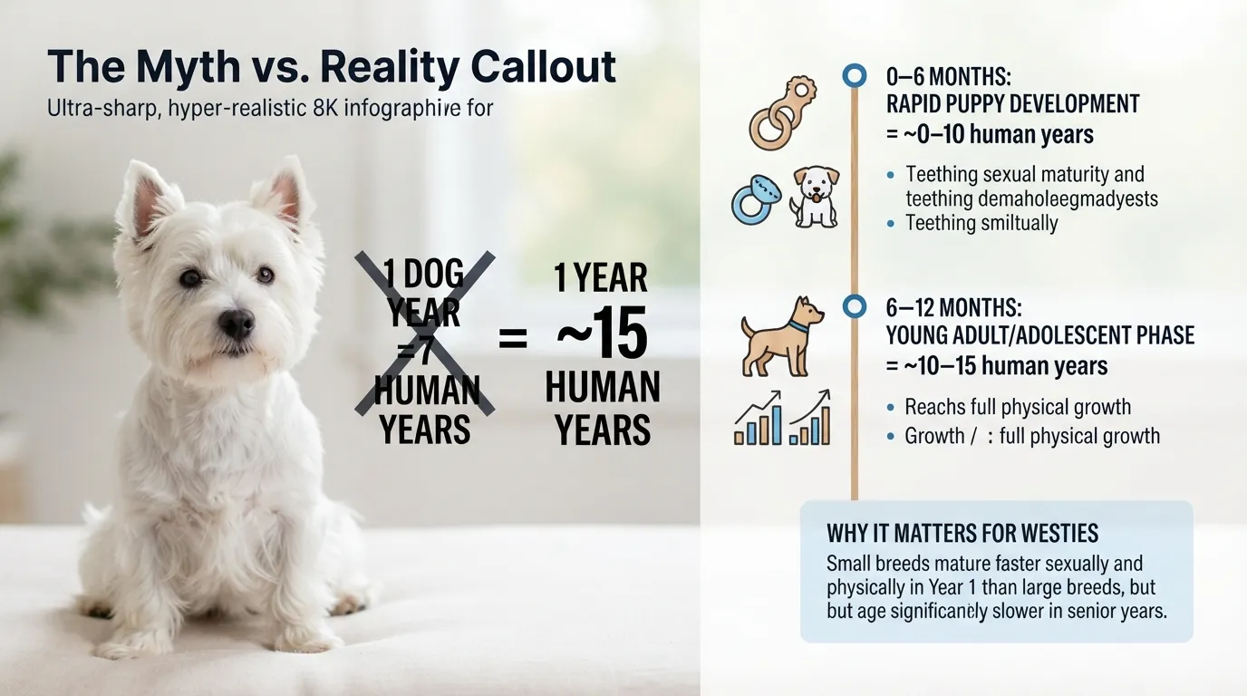 Infographic chart showing how 1 dog year converts to human years for a West Highland White Terrier across small breed developmental stages.