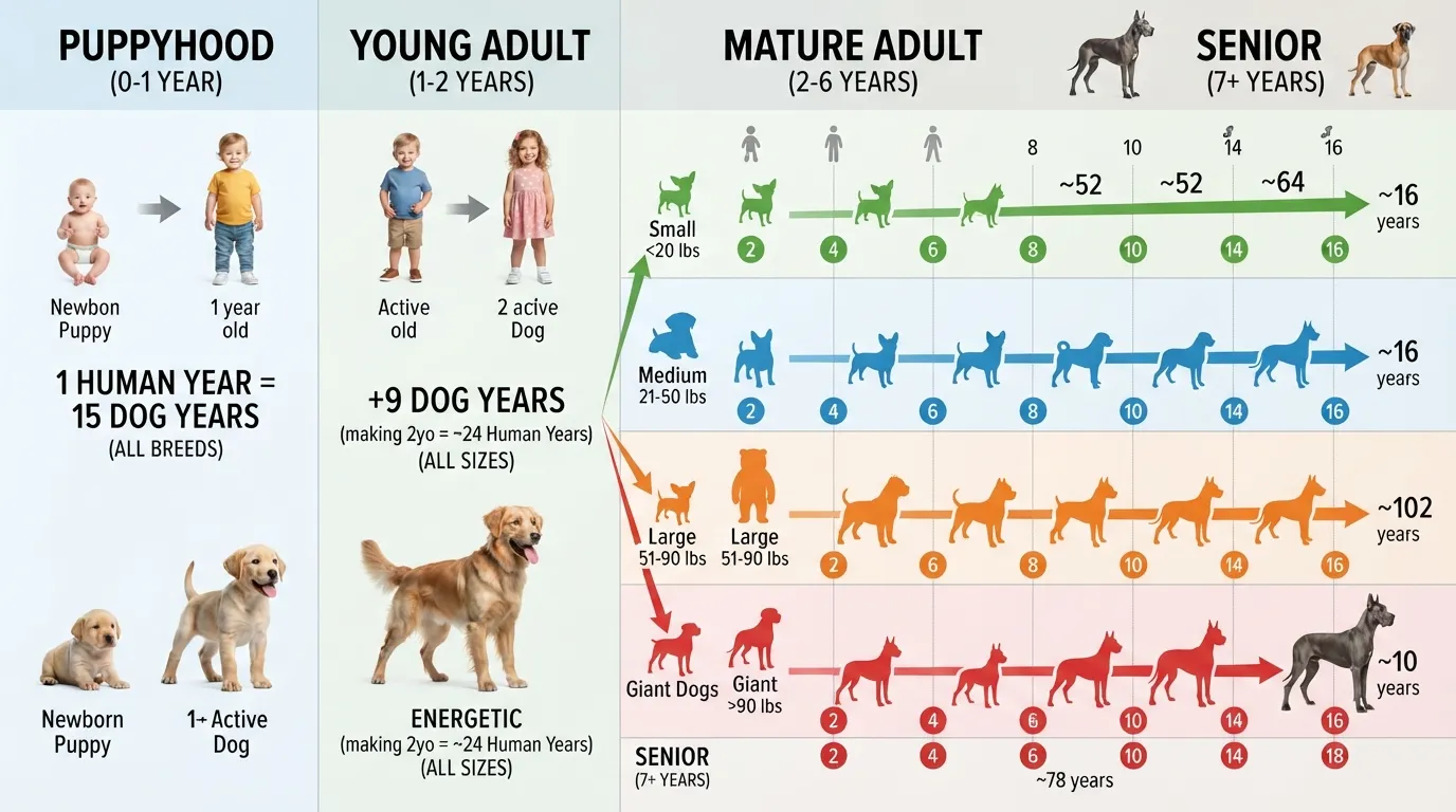 An infographic chart comparing 1 human year to dog years across four life stages: puppy, young adult, mature adult, and senior, showing how aging rates change based on dog size.