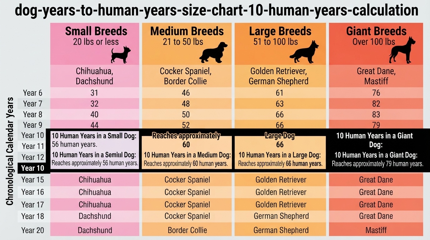 A detailed dog-years-to-human-years size chart highlighting the 10 human years calculation across small, medium, large, and giant dog breeds.