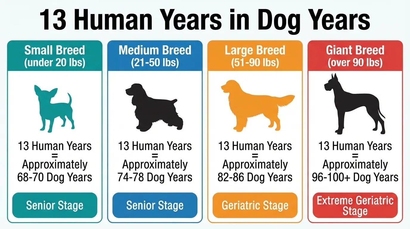 An informational graphic titled '13 Human Years in Dog Years' detailing the equivalent canine age for small, medium, large, and giant breeds. Small dogs are in the senior stage at 68-70 dog years, while giant breeds reach the extreme geriatric stage at over 96-100+ dog years.