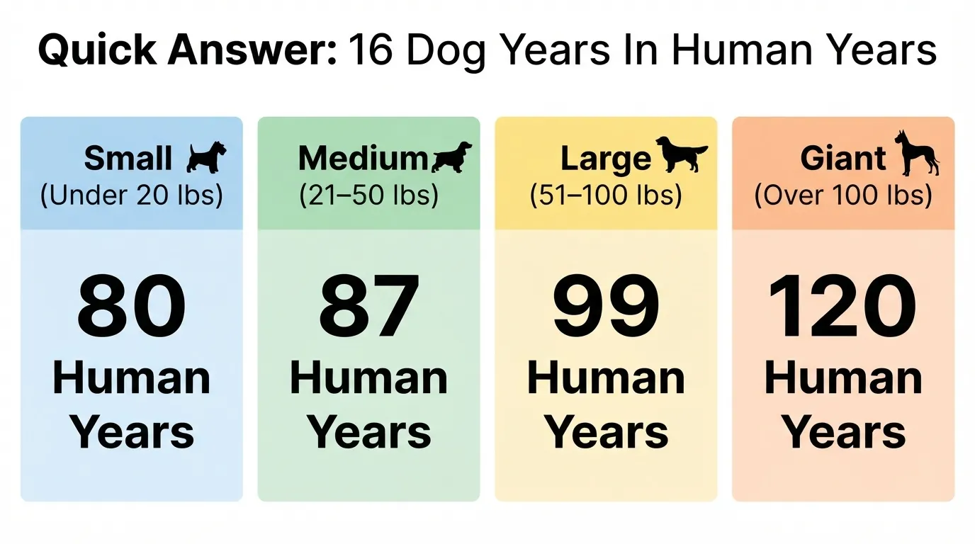 An infographic showing the human age equivalent for a 16-year-old dog across four categories: Small (80 human years), Medium (87 human years), Large (99 human years), and Giant (120 human years).