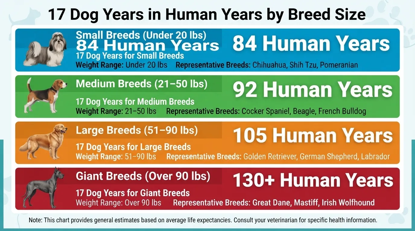 An infographic showing how 17 dog years translates to human years across four breed sizes: Small (84 years), Medium (92 years), Large (105 years), and Giant (130+ years).