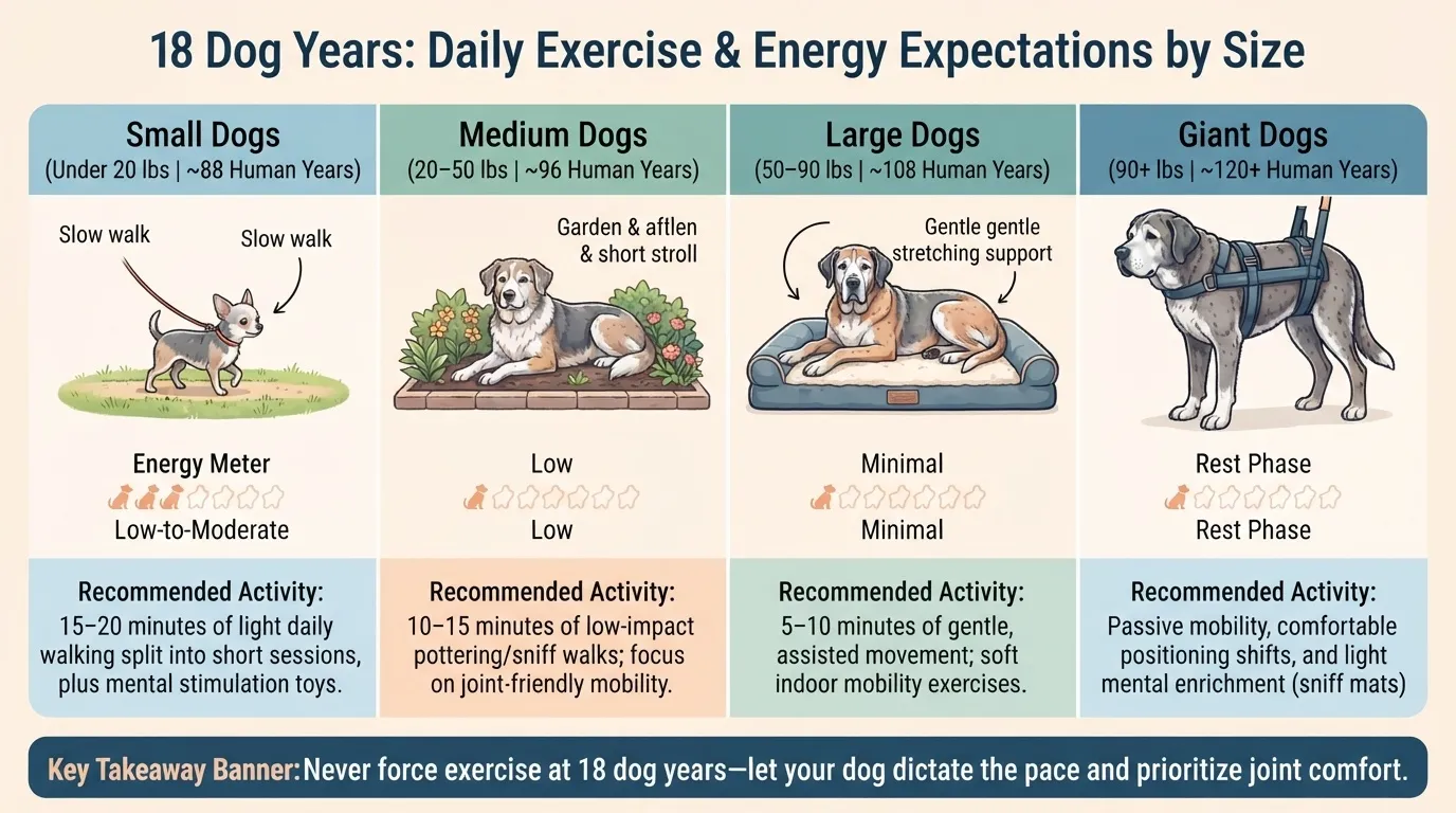 An educational infographic from dogagescalculator titled '18 Dog Years: Daily Exercise & Energy Expectations by Size' displaying customized energy levels and recommended activities for Small, Medium, Large, and Giant senior dogs.