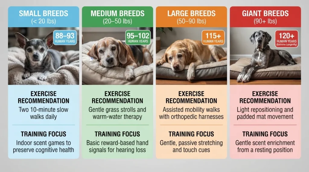 Infographic chart comparing 18 dog years to human years across small, medium, large, and giant dog sizes, alongside joint-friendly exercise routines and cognitive training tips for senior dogs.