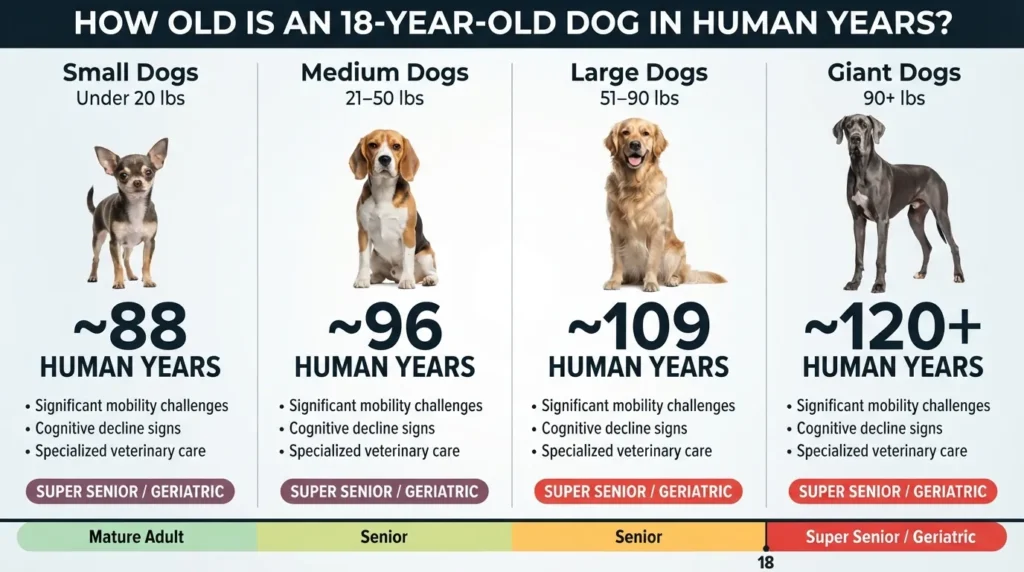 Infographic showing how 18 dog years convert to human years based on size, comparing small, medium, large, and giant dog breeds.