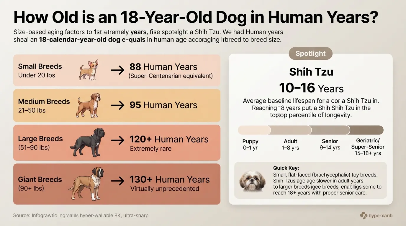 Comparative age chart showing 18 dog years in human years for small, medium, large, and giant breeds alongside a Shih Tzu average lifespan timeline.